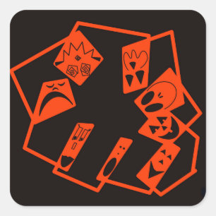 Sticker Carré Abstraits, visages citrouilles sur noir, Halloween