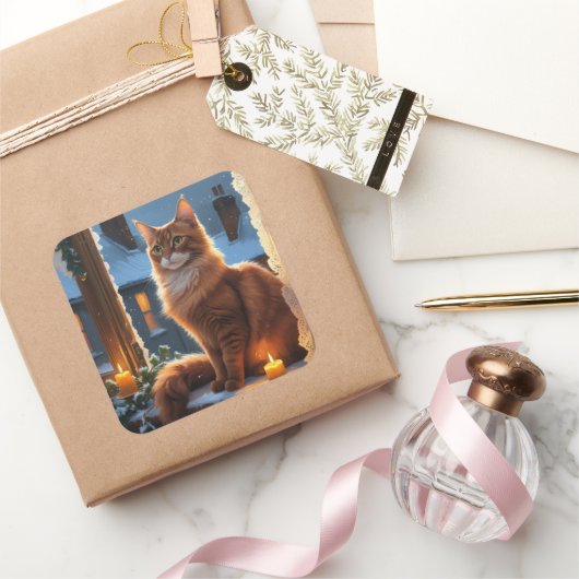 Sticker Carré Abyssinian Cat With Christmas Lights Holiday (Cadeaux)