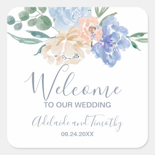 Sticker Carré Accueil Mariage Dusty Blue Florals (Devant)