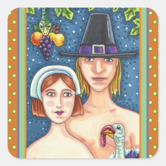 STICKER CARRÉ ADAM & EVE PILGRIMS, BIBLICAL WHIMSY MERCI (Devant)