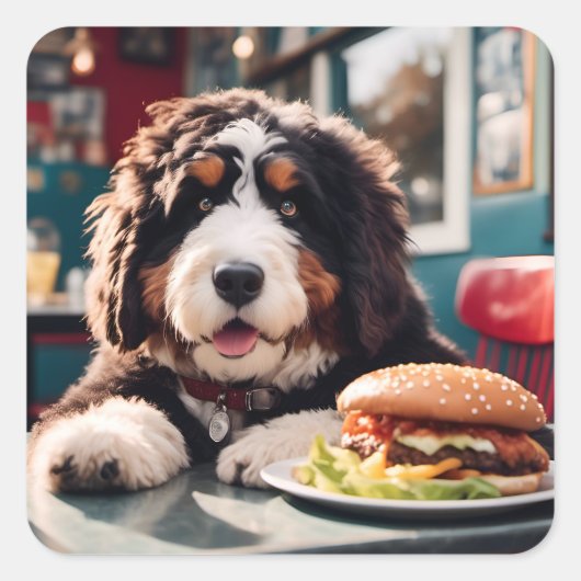 Sticker Carré Adorable Bernerdoodle au dîner (Devant)