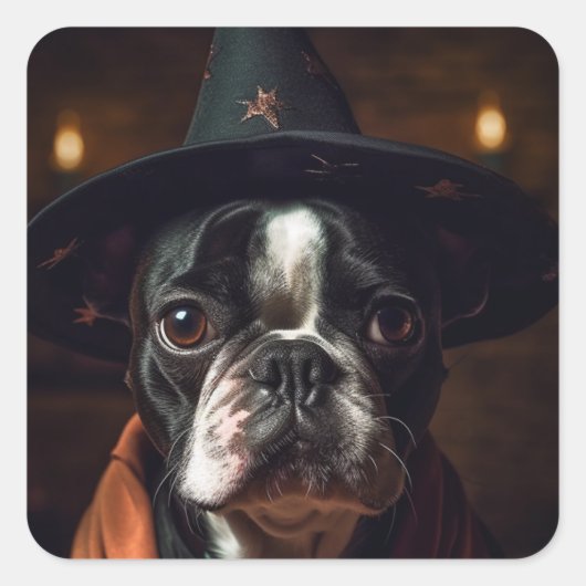 Sticker Carré Adorable Boston Terrier Witch (Devant)