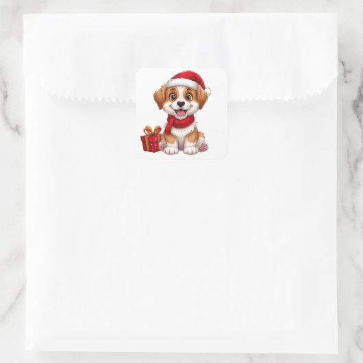 Sticker Carré adorable chiot de Noël avec chapeau de Père Noël (Sac)