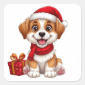 Sticker Carré adorable chiot de Noël avec chapeau de Père Noël (Devant)
