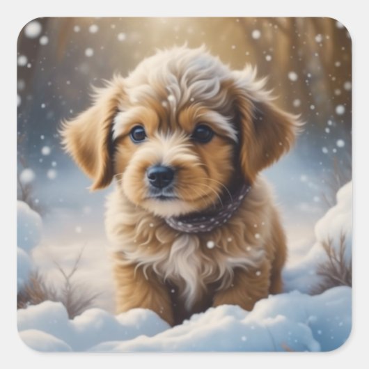 Sticker Carré adorable chiot de Noël dans une nuit de neige (Devant)