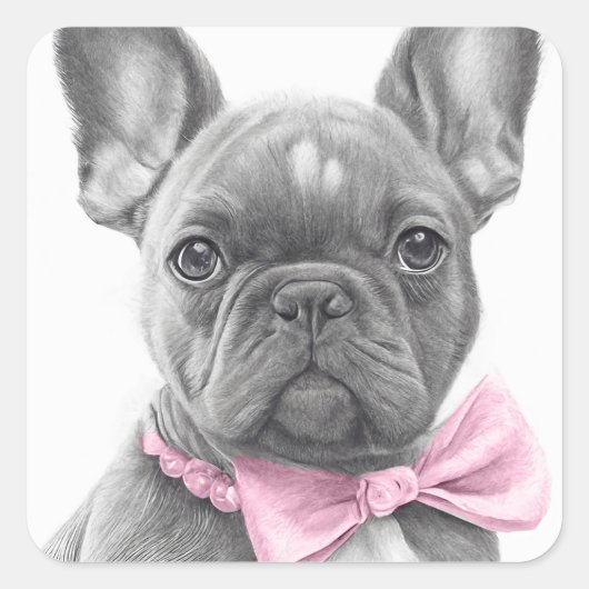 Sticker Carré Adorable chiot français bulldog avec un arc rose (Devant)