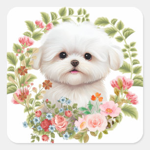 Sticker Carré adorable chiot maltais en fleur, Amoureux des chie