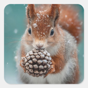Sticker Carré Adorable écureuil rouge dans la neige avec un Pine