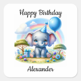 Sticker Carré Adorable éléphant d'anniversaire en Casquette de l
