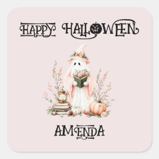 Sticker Carré Adorable Enfants Rose Floral Halloween Fantôme