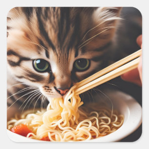 Sticker Carré Adorable Kitten Manger Ramen nouilles