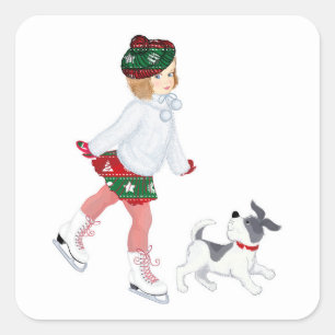 Sticker Carré Adorable little girl skating on ice and dog