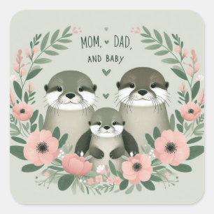 Sticker Carré Adorable Otter Boho maman papa et bébé