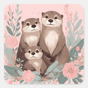 Sticker Carré Adorable Otter Boho rose Rose Maman Papa et bébé