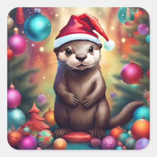 Sticker Carré adorable Otter de Noël