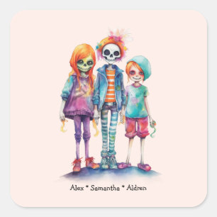 Sticker Carré Adorable Pastel Zombie Trio - Joli Halloween