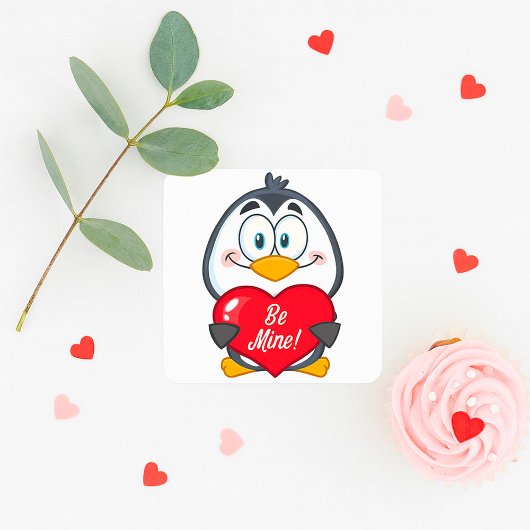 Sticker Carré Adorable Penguin Holding Be Mine Heart