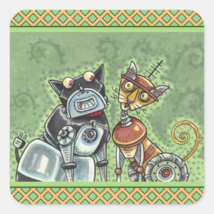 Sticker Carré ADORABLE ROBOT BULLDOG & FELINE AMI Drôle