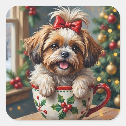 Sticker Carré Adorable Shih Tzu Dog in Christmas Mug Cozy Art (Devant)