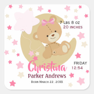 Sticker Carré Adorable Teddy Bear Baby Girl Stats de naissance