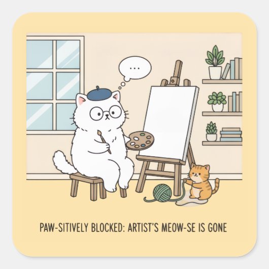 Sticker Carré Adorable White Cat Artist's Block Art Creative  (Devant)