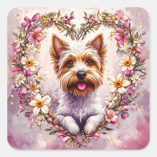 Sticker Carré Adorable Yorkie Terrier Art 💖Design Botanique de