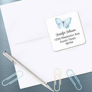 Sticker Carré Adresse de Baby Shower Garçon Papillon Bleu