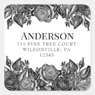 Sticker Carré Adresse de retour du Mariage Roses noir et blanc