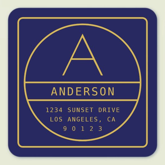 Sticker Carré Adresse de retour moderne & monogramme | Or & Nuit