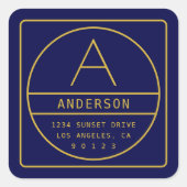 Sticker Carré Adresse de retour moderne & monogramme | Or & Nuit (Devant)