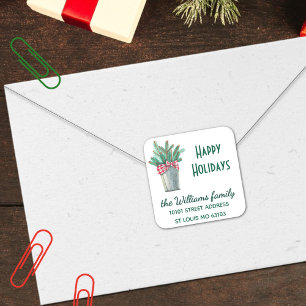 Sticker Carré Adresse de retour Pointez Fir Branches Red Plaid B