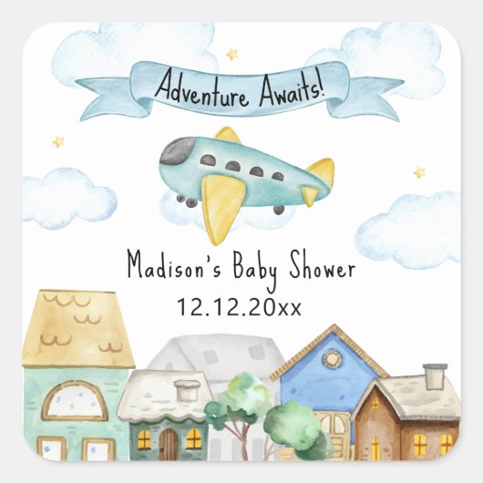 Sticker Carré Adventure Awaits Aviator Airplane Baby Shower (Devant)