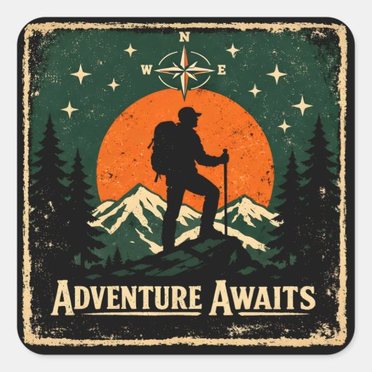 Sticker Carré Adventure Awaits – Outdoor Exploration Hiker (Devant)