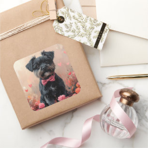 Sticker Carré Affenpinscher avec Rose - Saint Valentin