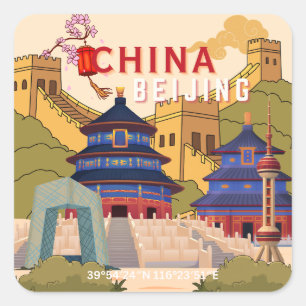 Sticker Carré Affiche de voyage à Pékin en Chine Art mural de
