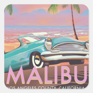 Sticker Carré Affiche de voyage de Malibu, Los Angeles, la