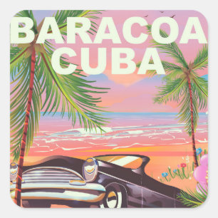Sticker Carré Affiche de voyage en voiture à Baracoa Cuba