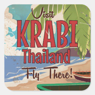 Sticker Carré Affiche de voyage vintage de la plage de Krabi en
