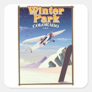 Sticker Carré affiche de voyage vintage du Winter Park colorado
