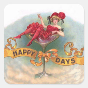Sticker Carré Affiche Femme Vintage dans un Verre à Champagne :