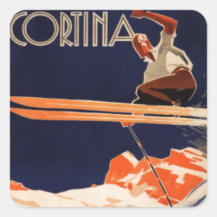Sticker Carré Affiche vintage de ski, ski Cortina, Italie