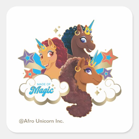 Sticker Carré Afro Unicorn "Fabriqué en magie" Trio Design (Devant)