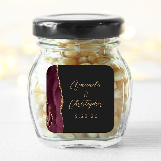Sticker Carré Agate Burgundy Gold Script Mariage foncé
