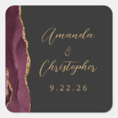 Sticker Carré Agate Burgundy Gold Script Mariage foncé (Devant)