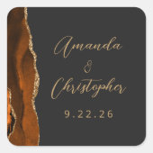 Sticker Carré Agate Burnt Orange Gold Script Mariage foncé (Devant)