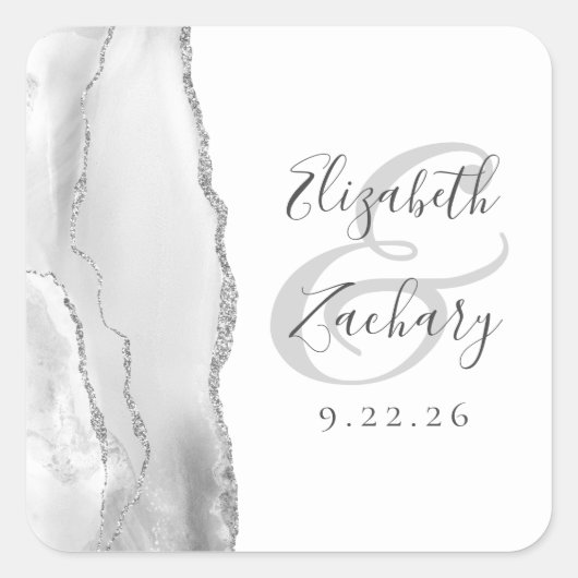 Sticker Carré Agate Géode Script Gris Mariage Argent (Devant)