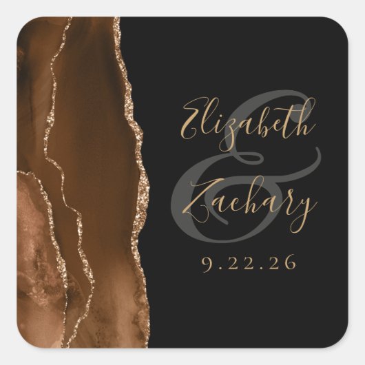 Sticker Carré Agate Geode Script Mocha Brown Gold Black Mariage (Devant)