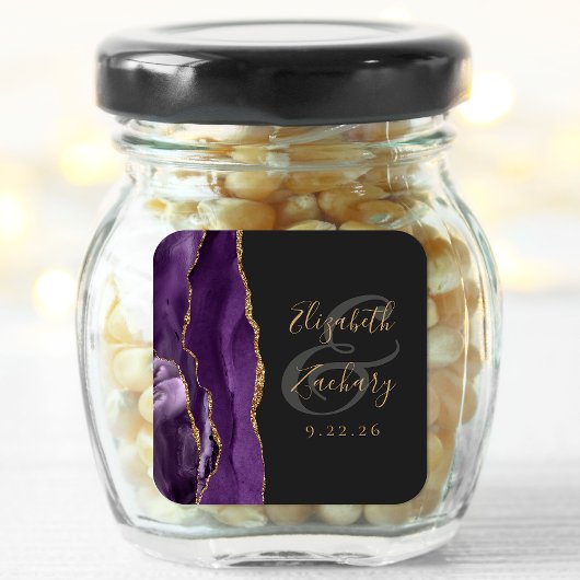 Sticker Carré Agate Geode Script Purple Gold Dark Mariage