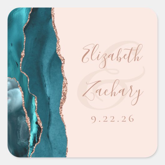 Sticker Carré Agate Geode Script Rose Turquoise Gold Blush Maria (Devant)
