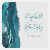 Sticker Carré Agate Geode Script Teal Blue Silver Gray Wedding (Devant)